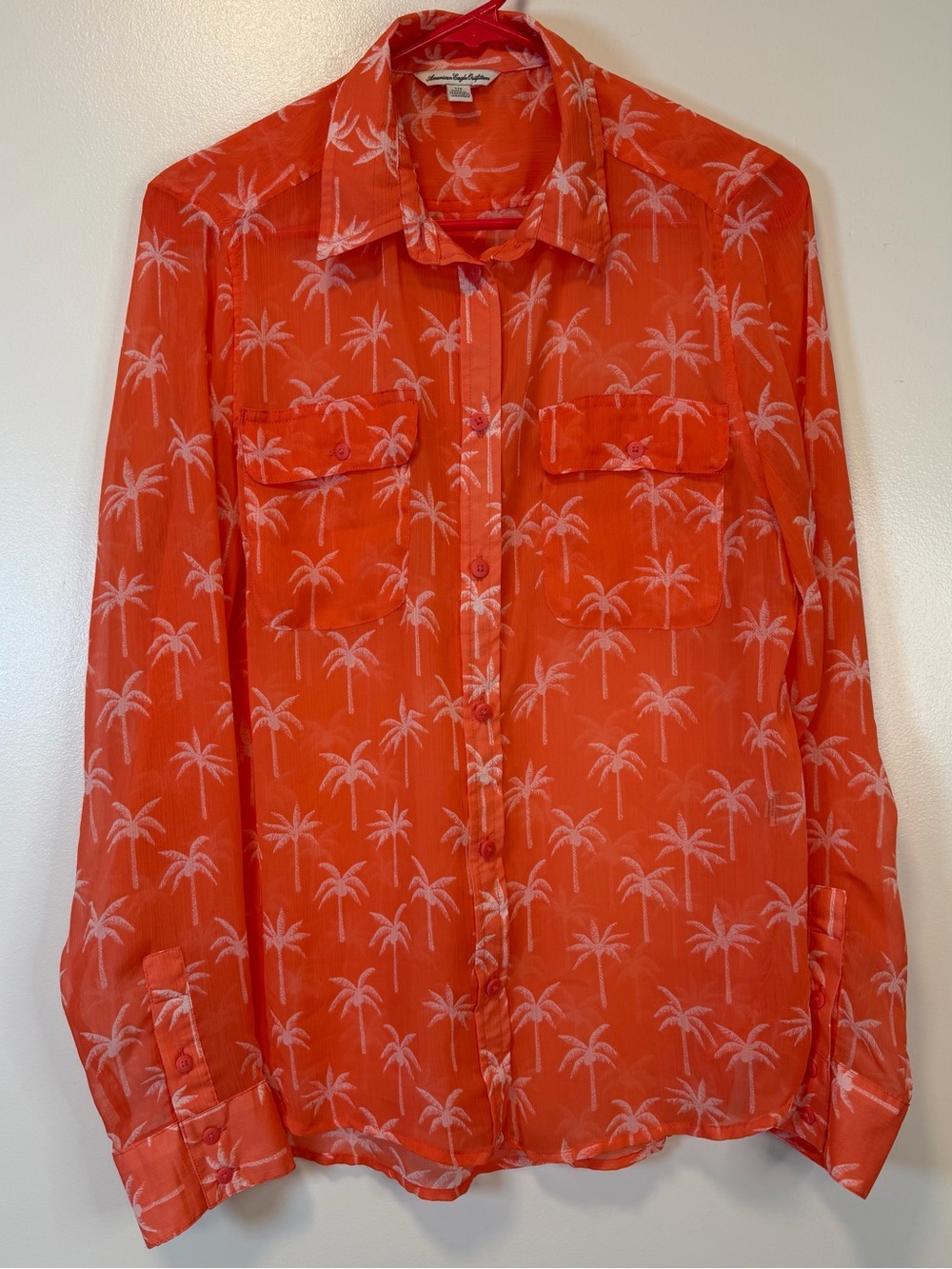 American Eagle Sheer Palm Tree Orange Long Sleeve Button Down Women’s Large‎